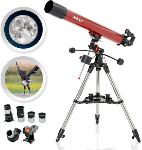AmScope Refractor ALT-AZ Telescope with Altitude Azimuth Mount, 102mm Aperture, 600mm Focal Length, Stainless Steel Tripod and Red Dot Finder in Kuwait