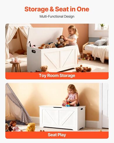 VEVOR Kids Storage Bench, Wooden Toy Box Chest, Large Storage Cabinet with Safety Hinge, Toddlers Storage Bench for Playroom, Living Room or Entryway, Easy Assembly, 38.98 x 15.55 x 18.9 in, White in Kuwait