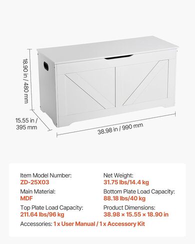 VEVOR Kids Storage Bench, Wooden Toy Box Chest, Large Storage Cabinet with Safety Hinge, Toddlers Storage Bench for Playroom, Living Room or Entryway, Easy Assembly, 38.98 x 15.55 x 18.9 in, White in Kuwait