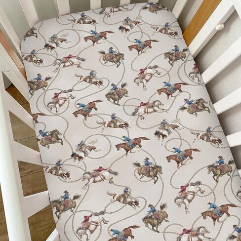 Vintage Cowboy Life Baby Crib Sheets for Boy Girl Country Western Cowboys Horse Soft Snug Fitted Crib Mattress Covers Fit 52''x28'' Standard Crib & Toddler Mattress Wild West Nursery Bed Sheets in Kuwait