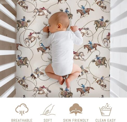 Vintage Cowboy Life Baby Crib Sheets for Boy Girl Country Western Cowboys Horse Soft Snug Fitted Crib Mattress Covers Fit 52''x28'' Standard Crib & Toddler Mattress Wild West Nursery Bed Sheets in Kuwait