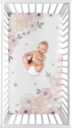 Sweet Jojo Designs Fitted Baby Crib Sheets (Pink/Grey Boho Floral) for Girls, Infant Nursery, Toddler Room - Standard Size (Watercolor, Bohemian, Shabby Chic, Rose, Flower, Farmhouse, Gray, Blush) in Kuwait