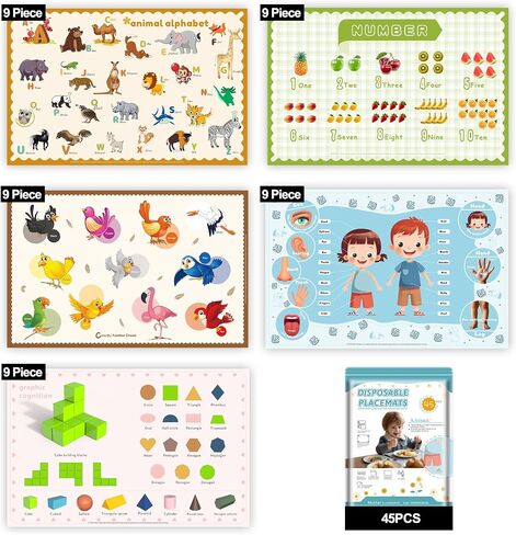 45 Pack Sticky Disposable Placemats for Baby & Toddlers,Toddler Placemat 12"x18" Kids Table Mat for Party, Picnic Table, Restaurants Dining Table Travel Essentials for Toddlers with 5 Designs in Kuwait