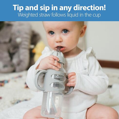 Dr. Brown's Milestones Narrow Sippy Straw Bottle, Spill-Proof with 100% Silicone Handles and Weighted Straw, 8 oz/250 mL, Blue/Gray, 6m+ in Kuwait