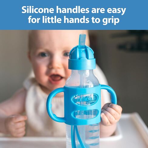 Dr. Brown's Milestones Narrow Sippy Straw Bottle, Spill-Proof with 100% Silicone Handles and Weighted Straw, 8 oz/250 mL, Blue/Gray, 6m+ in Kuwait