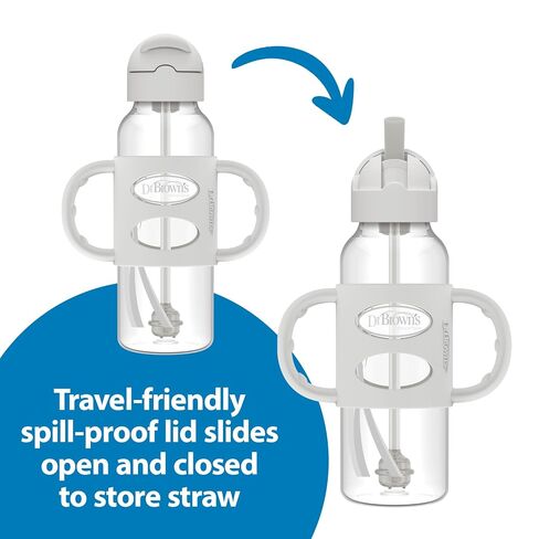 Dr. Brown's Milestones Narrow Sippy Straw Bottle, Spill-Proof with 100% Silicone Handles and Weighted Straw, 8 oz/250 mL, Blue/Gray, 6m+ in Kuwait