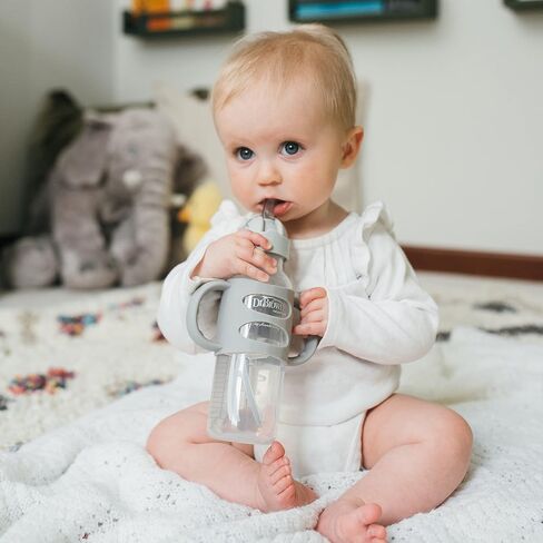 Dr. Brown's Milestones Narrow Sippy Straw Bottle, Spill-Proof with 100% Silicone Handles and Weighted Straw, 8 oz/250 mL, Blue/Gray, 6m+ in Kuwait