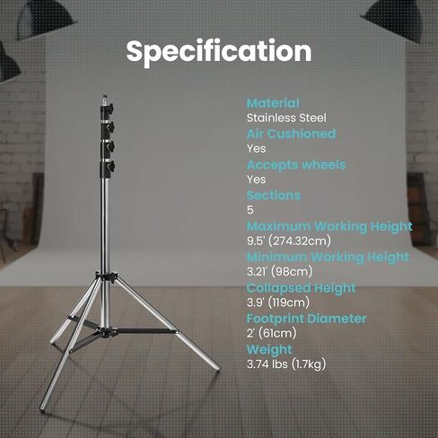 Pro Air-Cushioned Heavy-Duty Light Stand (Chrome, 9.5') in Kuwait