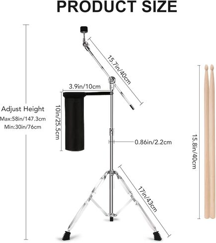 Boom Cymbal Stand, Adjustable 2-in-1 Straight Boom Cymbal Stand | Drumsticks + Drumstick Holder + Drum Keys, Double Braced Legs with Rubber Feet for Mounting Crash, Ride, Splash Cymbals in Kuwait