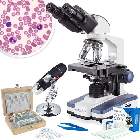 AmScope B120 Series Student & Professional Binocular Compound Microscope - 40X-2500X Magnification - Includes 3D Stage, Tweezers, 25-Piece Prepared Slides Set & Handheld Multi-USB Digital Microscope in Kuwait
