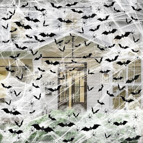 Famoby 1200 sqft Halloween Spider Webs and 120pcs Fake Bats and 50pcs Fake Spiders Super Stretch Cobwebs Party Decorate for Halloween Theme Indoor and Outdoor Decoration in Kuwait
