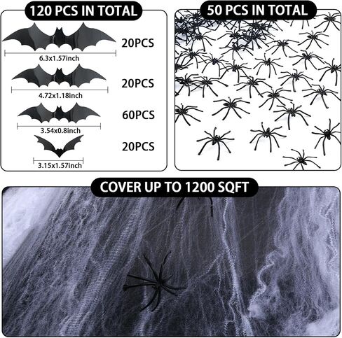Famoby 1200 sqft Halloween Spider Webs and 120pcs Fake Bats and 50pcs Fake Spiders Super Stretch Cobwebs Party Decorate for Halloween Theme Indoor and Outdoor Decoration in Kuwait