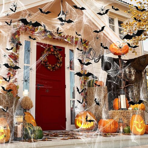 Famoby 1200 sqft Halloween Spider Webs and 120pcs Fake Bats and 50pcs Fake Spiders Super Stretch Cobwebs Party Decorate for Halloween Theme Indoor and Outdoor Decoration in Kuwait