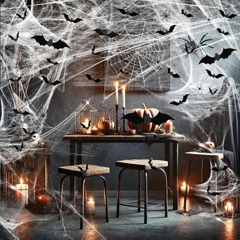 Famoby 1200 sqft Halloween Spider Webs and 120pcs Fake Bats and 50pcs Fake Spiders Super Stretch Cobwebs Party Decorate for Halloween Theme Indoor and Outdoor Decoration in Kuwait
