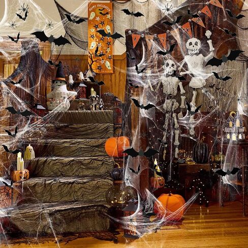 Famoby 1200 sqft Halloween Spider Webs and 120pcs Fake Bats and 50pcs Fake Spiders Super Stretch Cobwebs Party Decorate for Halloween Theme Indoor and Outdoor Decoration in Kuwait