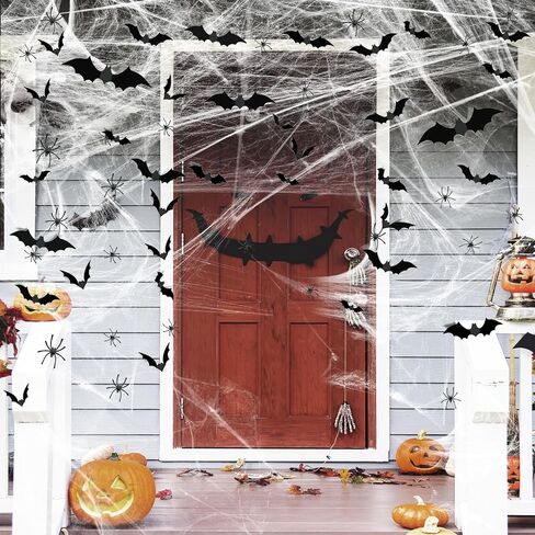 Famoby 1200 sqft Halloween Spider Webs and 120pcs Fake Bats and 50pcs Fake Spiders Super Stretch Cobwebs Party Decorate for Halloween Theme Indoor and Outdoor Decoration in Kuwait