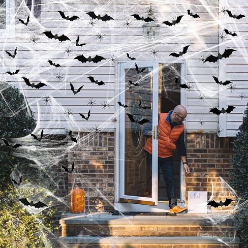 Famoby 1200 sqft Halloween Spider Webs and 120pcs Fake Bats and 50pcs Fake Spiders Super Stretch Cobwebs Party Decorate for Halloween Theme Indoor and Outdoor Decoration in Kuwait