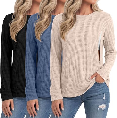 Neer 3 Pack Women's Nursing Breastfeeding Shirts | Long Sleeve, Hidden Zippers, Waffle Knit, Crew Neck, Soft Fabric, Daily Loungewear, Comfort Fit, Sweatshirts, for Postpartum in Kuwait
