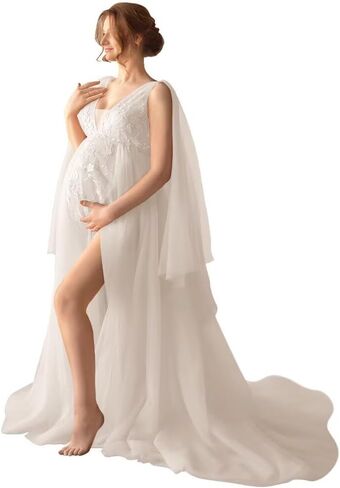 Tulle Robe Maternity Dress for Photoshoot Long Bridal Robe Lace Appliques Pregnancy BabyShower Gowns Lingerie Bathgown in Kuwait