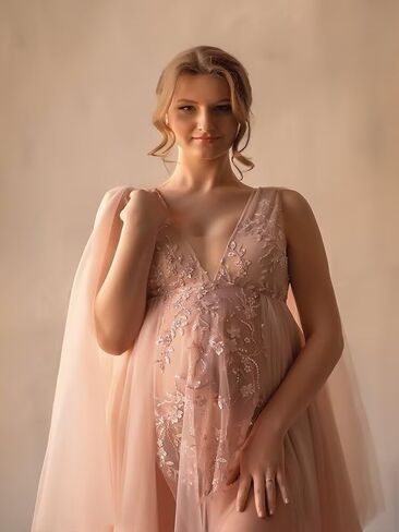 Tulle Robe Maternity Dress for Photoshoot Long Bridal Robe Lace Appliques Pregnancy BabyShower Gowns Lingerie Bathgown in Kuwait