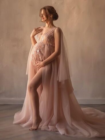 Tulle Robe Maternity Dress for Photoshoot Long Bridal Robe Lace Appliques Pregnancy BabyShower Gowns Lingerie Bathgown in Kuwait