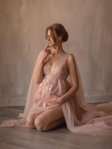 Tulle Robe Maternity Dress for Photoshoot Long Bridal Robe Lace Appliques Pregnancy BabyShower Gowns Lingerie Bathgown in Kuwait