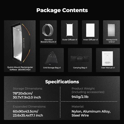K&F CONCEPT Rectangular Softbox 24"x35"/60x90cm, Quick-Release | Portable Soft Box with Diffusers/Honeycomb Grid/Grid Bag/Bowens Mount for COB Light, Studio, Product Photography LJ01 in Saudi Arabia