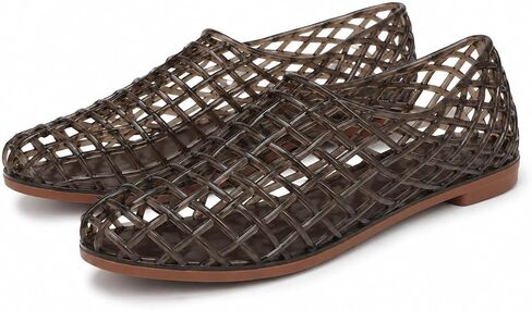 Jelly Flats for Women, Brown Clear Jelly Shoes, Mesh Ballet Flats, Closed Toe Slip On Dress Shoes, Summer Casual Office Footwear in Kuwait