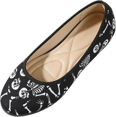 Halloween Flats Women Skeleton Skull Round Toe Ballerina Shoes | Bone, Spooky, Ballet Shoes, Gothic, Goth, Slip On, Party, Costume, Casual, Breathable, Festival in Kuwait