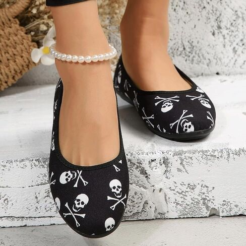 Halloween Flats Women Skeleton Skull Round Toe Ballerina Shoes | Bone, Spooky, Ballet Shoes, Gothic, Goth, Slip On, Party, Costume, Casual, Breathable, Festival in Kuwait