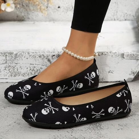 Halloween Flats Women Skeleton Skull Round Toe Ballerina Shoes | Bone, Spooky, Ballet Shoes, Gothic, Goth, Slip On, Party, Costume, Casual, Breathable, Festival in Kuwait