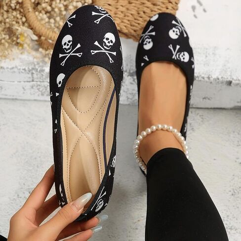 Halloween Flats Women Skeleton Skull Round Toe Ballerina Shoes | Bone, Spooky, Ballet Shoes, Gothic, Goth, Slip On, Party, Costume, Casual, Breathable, Festival in Kuwait