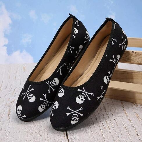 Halloween Flats Women Skeleton Skull Round Toe Ballerina Shoes | Bone, Spooky, Ballet Shoes, Gothic, Goth, Slip On, Party, Costume, Casual, Breathable, Festival in Kuwait