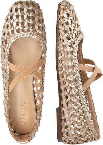 STALOV Woven Ballet Flats for Women Square Toe Criss-Cross Straps Mary Jane Flats Comfortable Dress Casual Slip on Ballerina Shoes in Kuwait