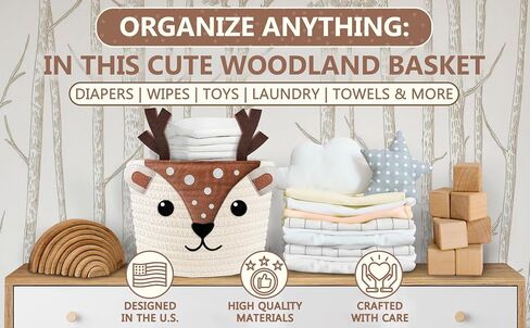 Cute Deer 100% Cotton Rope Baby Laundry Basket for Boys & Girls, Woodland Nursery Decor, Nursery Storage Basket for Essentials like Diapers, Wipes, Towels, Perfect for Baby Shower Gifts, Machine Wash in Kuwait