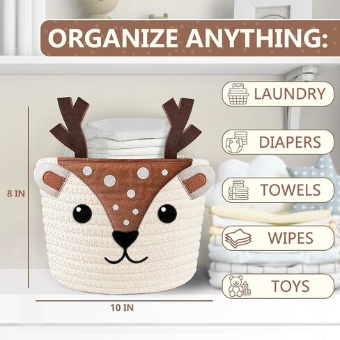 Cute Deer 100% Cotton Rope Baby Laundry Basket for Boys & Girls, Woodland Nursery Decor, Nursery Storage Basket for Essentials like Diapers, Wipes, Towels, Perfect for Baby Shower Gifts, Machine Wash in Kuwait