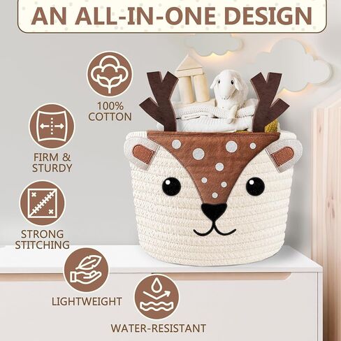 Cute Deer 100% Cotton Rope Baby Laundry Basket for Boys & Girls, Woodland Nursery Decor, Nursery Storage Basket for Essentials like Diapers, Wipes, Towels, Perfect for Baby Shower Gifts, Machine Wash in Kuwait