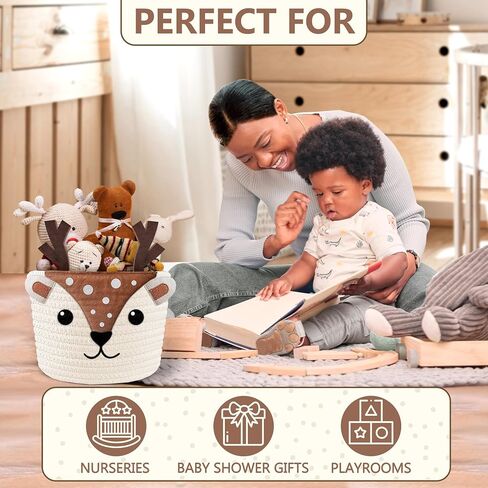 Cute Deer 100% Cotton Rope Baby Laundry Basket for Boys & Girls, Woodland Nursery Decor, Nursery Storage Basket for Essentials like Diapers, Wipes, Towels, Perfect for Baby Shower Gifts, Machine Wash in Kuwait