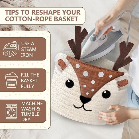 Cute Deer 100% Cotton Rope Baby Laundry Basket for Boys & Girls, Woodland Nursery Decor, Nursery Storage Basket for Essentials like Diapers, Wipes, Towels, Perfect for Baby Shower Gifts, Machine Wash in Kuwait