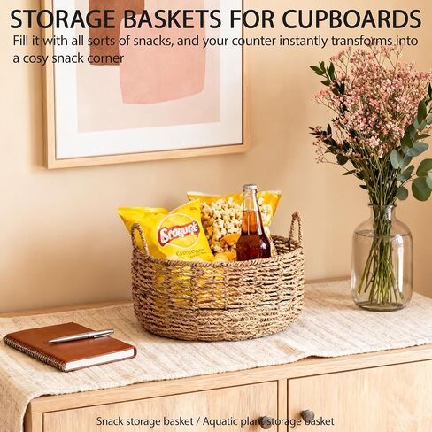 Round Seagrass Storage Basket with Handles - Handwoven Wicker Basket (12.01"Dx5.51"H) in Saudi Arabia