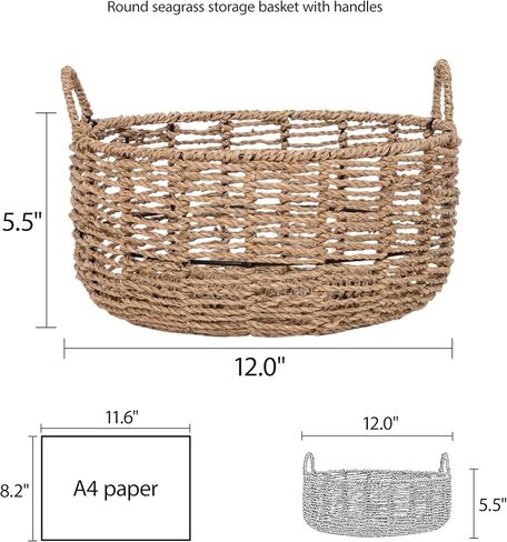 Round Seagrass Storage Basket with Handles - Handwoven Wicker Basket (12.01"Dx5.51"H) in Saudi Arabia