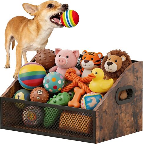 Piskyet Wood Dog Toy Bin, Dog Toy Box(Rustic Brown) | Wood Dog Toy Basket,Dogs Storage Organizer, Large Cat Toys Basket Box for Living Room Area Wooden Organizing Storage in Kuwait