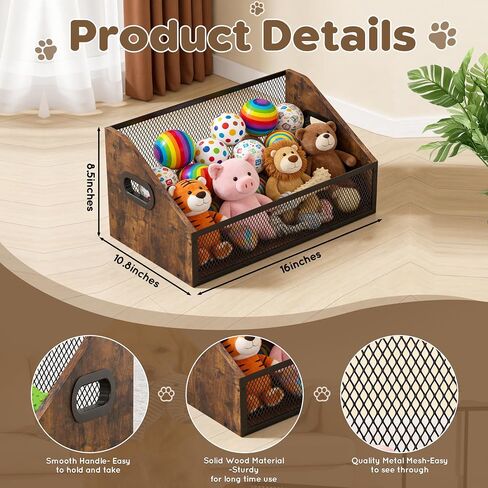 Piskyet Wood Dog Toy Bin, Dog Toy Box(Rustic Brown) | Wood Dog Toy Basket,Dogs Storage Organizer, Large Cat Toys Basket Box for Living Room Area Wooden Organizing Storage in Kuwait