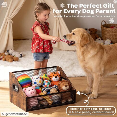 Piskyet Wood Dog Toy Bin, Dog Toy Box(Rustic Brown) | Wood Dog Toy Basket,Dogs Storage Organizer, Large Cat Toys Basket Box for Living Room Area Wooden Organizing Storage in Kuwait