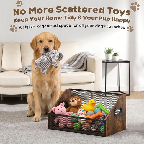 Piskyet Wood Dog Toy Bin, Dog Toy Box(Rustic Brown) | Wood Dog Toy Basket,Dogs Storage Organizer, Large Cat Toys Basket Box for Living Room Area Wooden Organizing Storage in Kuwait