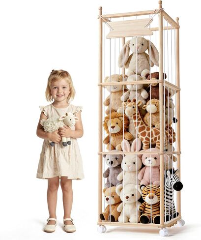 Ostutry Stuffed Animal Storage with Wheels - Wood Stuffed Animals Organizer Holder Zoo Large Capacity Plush Toy Cage with Elastic Band for Playroom, Bedroom, Nursery in Kuwait