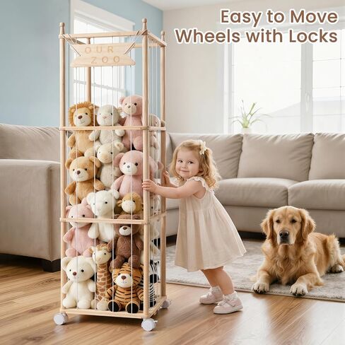Ostutry Stuffed Animal Storage with Wheels - Wood Stuffed Animals Organizer Holder Zoo Large Capacity Plush Toy Cage with Elastic Band for Playroom, Bedroom, Nursery in Kuwait