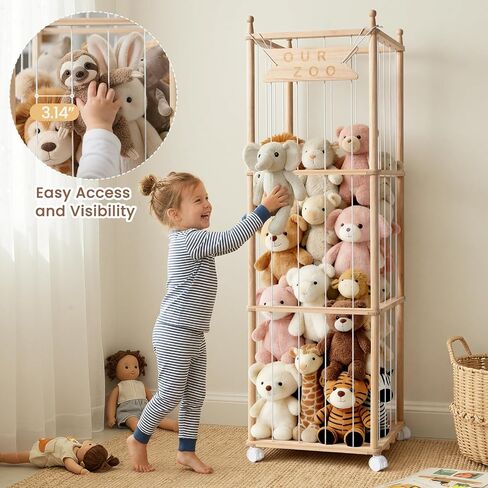 Ostutry Stuffed Animal Storage with Wheels - Wood Stuffed Animals Organizer Holder Zoo Large Capacity Plush Toy Cage with Elastic Band for Playroom, Bedroom, Nursery in Kuwait