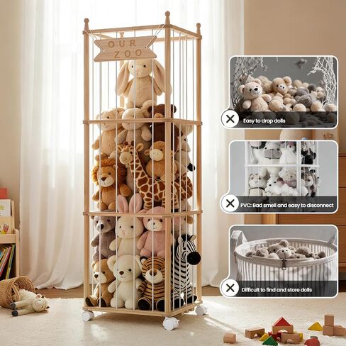 Ostutry Stuffed Animal Storage with Wheels - Wood Stuffed Animals Organizer Holder Zoo Large Capacity Plush Toy Cage with Elastic Band for Playroom, Bedroom, Nursery in Kuwait