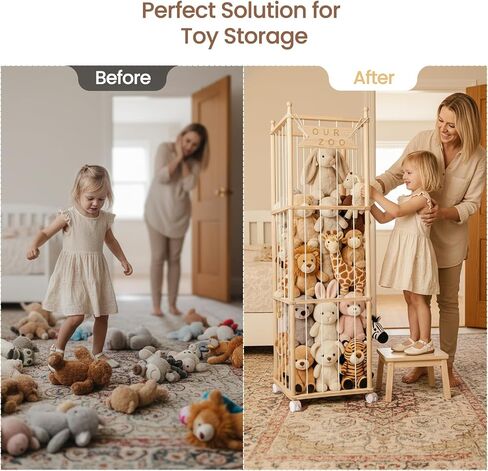 Ostutry Stuffed Animal Storage with Wheels - Wood Stuffed Animals Organizer Holder Zoo Large Capacity Plush Toy Cage with Elastic Band for Playroom, Bedroom, Nursery in Kuwait